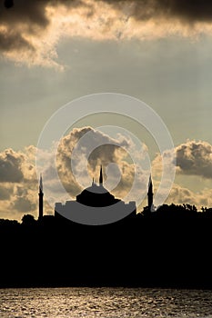 Beautiful view on the Hagia Sophia mosque view from the Bosphorus strait at sunset