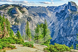 Beautiful view of Half Dome Trail, Yosemite National Park, California, USA. Concept, tourism, travel, nature protection