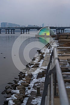 Beautiful view of Han River near Mulbit Square in Yeouido during winter evening at Yeongdeungpo , Seoul South Korea : 5 February