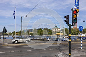 Beautiful view of harbor cityscape on bright summer day in Stockholm. Europe. Sweden.