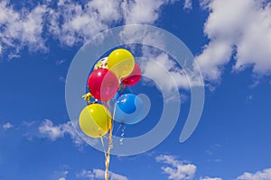Beautiful view of helium colorful balloons and sponge Bob figure on blue sky background.