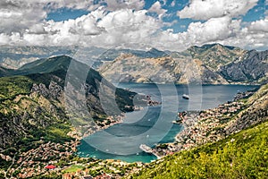 Beautiful view on high hills, Adriatic sea and Bay of Kotor in Montenegro