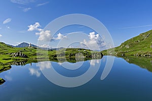 Beautiful view of high mountain lake with sky mirrored in water.