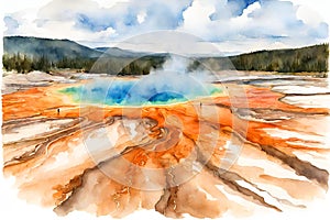 Watercolor illustration of the grand prismatic pool, Yellowstone National Park.