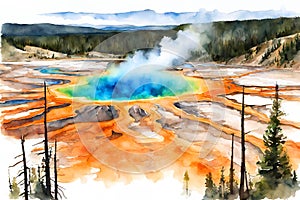 Watercolor illustration of the grand prismatic pool, Yellowstone National Park.