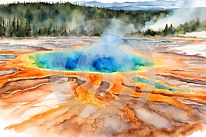 Watercolor illustration of the grand prismatic pool, Yellowstone National Park.