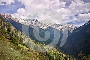 Beautiful view of Himalayan mountains on the trekking route to Grahan, Kasol, Parvati valley, Himachal Pradesh, India