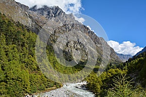 Beautiful view of the Himalayan valley on the way from Ghunsa village to Khambachen, Nepal