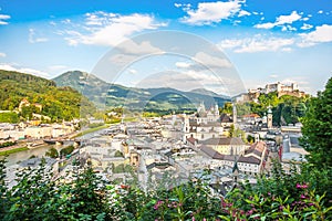 Beautiful view of the historic city of Salzburg with Festung Hohensalzburg in summer, Salzburger Land, Austria photo