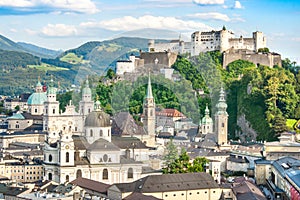 Beautiful view of the historic city of Salzburg with Festung Hohensalzburg in summer, Salzburger Land, Austria photo