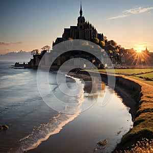 a beautiful view of the historic Le Mont Saint-Michel tidal island in golden eve...