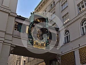 Beautiful view of the historic music clock Ankeruhr (Jugendstil, completed 1915) in the old downtown of Vienna, Austria.