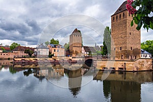 Beautiful view of the historic town of Strasbourg, colorful houses on idyllic river. Strasbourg, France