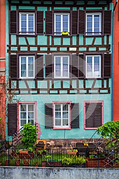 Beautiful view of the historic town of Strasbourg, colorful houses on idyllic river. Strasbourg, France