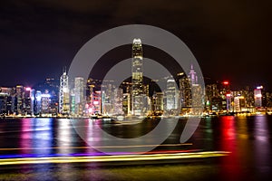 Beautiful view of the Hong Kong Skyline at night. Colorful Victoria Harbor view and the Business and nightlife district in Central