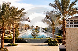 Beautiful view from the hotel swimming pool with palm trees