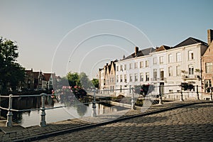 Beautiful view of houses in Bruges, Belgium during the summer