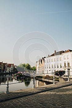 Beautiful view of houses in Bruges, Belgium during the summer