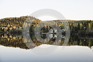 Beautiful view of houses on the Lake and Mountain