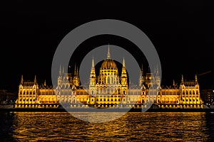 Beautiful view of the Hungarian Parliament Building at the bank of River Danube at night in Budapest