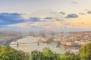 Beautiful view of the Hungarian Parliament and the chain bridge in Budapest, Hungary