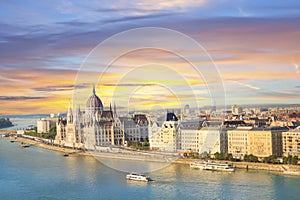 Beautiful view of the Hungarian Parliament and the chain bridge in Budapest, Hungary