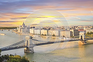 Beautiful view of the Hungarian Parliament and the chain bridge in Budapest, Hungary