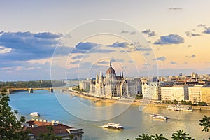 Beautiful view of the Hungarian Parliament and the chain bridge in Budapest, Hungary