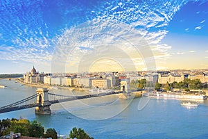 Beautiful view of the Hungarian Parliament and the chain bridge in Budapest, Hungary