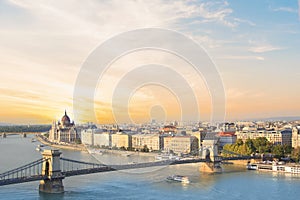 Beautiful view of the Hungarian Parliament and the chain bridge in Budapest, Hungary