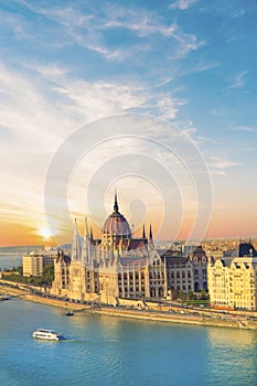 Beautiful view of the Hungarian Parliament and the chain bridge in the panorama of Budapest at night, Hungary