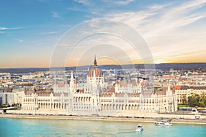 Beautiful view of the Hungarian Parliament on the Danube waterfront in Budapest, Hungary