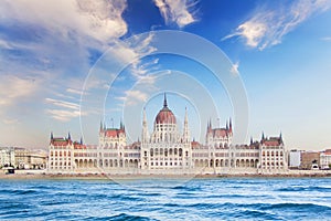 Beautiful view of the Hungarian Parliament on the Danube waterfront in Budapest, Hungary