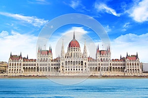 Beautiful view of the Hungarian Parliament on the Danube waterfront in Budapest, Hungary