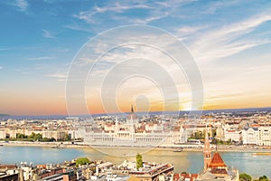 Beautiful view of the Hungarian Parliament on the Danube waterfront in Budapest, Hungary