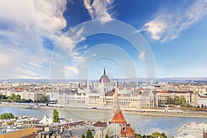 Beautiful view of the Hungarian Parliament on the Danube waterfront in Budapest, Hungary