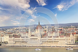 Beautiful view of the Hungarian Parliament on the Danube waterfront in Budapest, Hungary