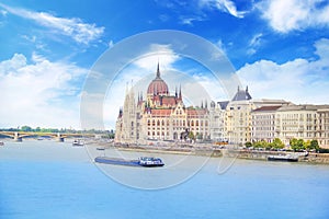 Beautiful view of the Hungarian Parliament on the Danube waterfront in Budapest, Hungary