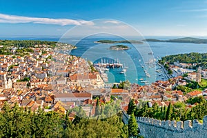 Beautiful view of Hvar town and harbor on the Adriatic seaside resort island in Croatia.