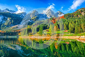 Beautiful view of idyllic colorful autumn scenery in Gosausee la