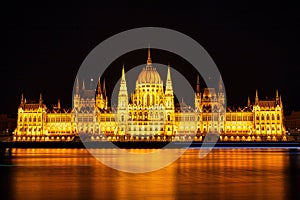 Beautiful view of the illuminated Hungarian Parliament Building at night in Budapest, Hungary