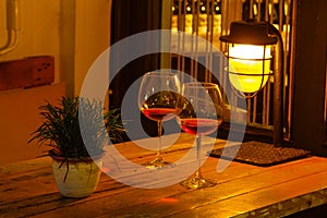 Beautiful view of illuminated street cafe in Tbilisi at night