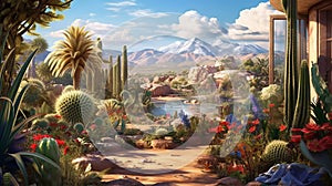 Beautiful view inside a lush garden with palms cactus and flowers of an hide house and mountains with a bit of snow and blue sky