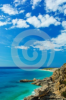 Beautiful view of Ionian sea with rocky beach in Albania