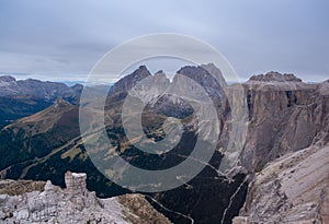 Beautiful view on the Italian Dolomite from Sass Pordoi Terrazza Delle Dolomiti