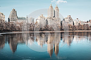 Beautiful view of Jacqueline Kennedy Onassis Reservoir in Central Park, New York City at daytime