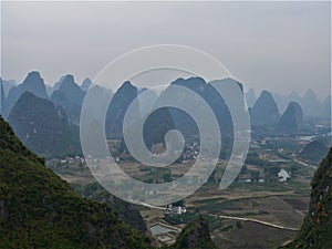 Beautiful view of karst mountains in China near Yangshuo and Guilin.