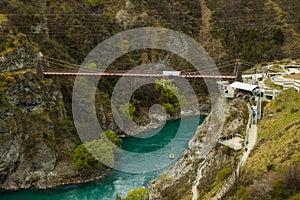 Beautiful view of Kawarau Gorge Suspension Bridge, Queenstown, New Zealand