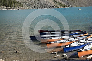 Beautiful view of kayak dock at Lake Moraine in Banff National Park in Alberta