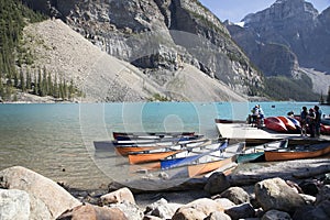 Beautiful view of kayak dock at Lake Moraine in Banff National Park in Alberta